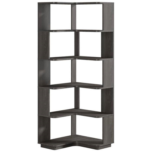 Multifunctional 6 Shelf Corner L-Shaped Bookcase in Dark Grey Wood Finish by FastFurnishings