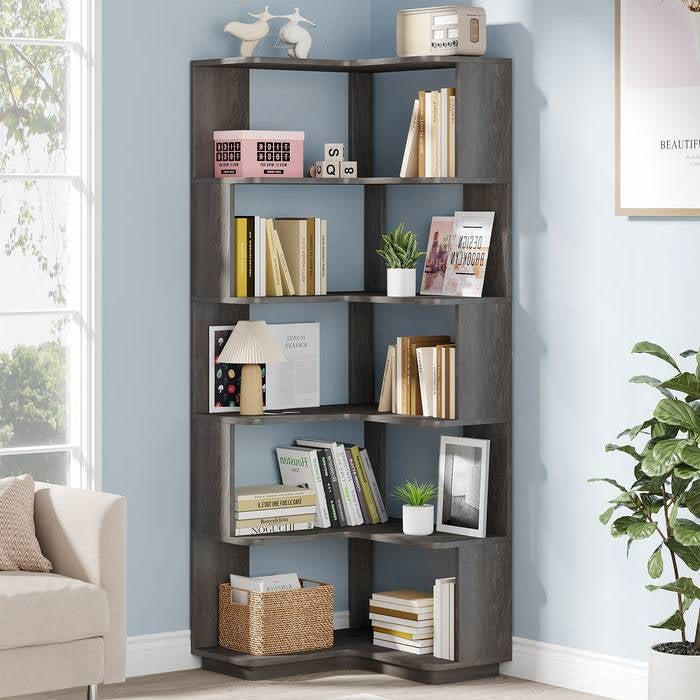 Multifunctional 6 Shelf Corner L-Shaped Bookcase in Dark Grey Wood Finish by FastFurnishings