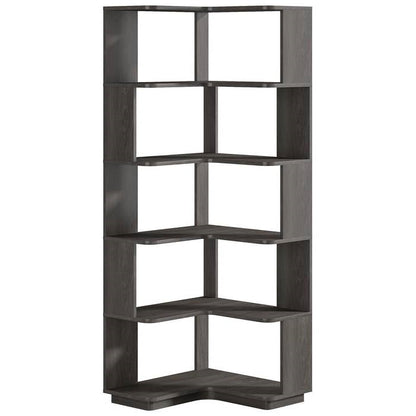 Multifunctional 6 Shelf Corner L-Shaped Bookcase in Dark Grey Wood Finish by FastFurnishings
