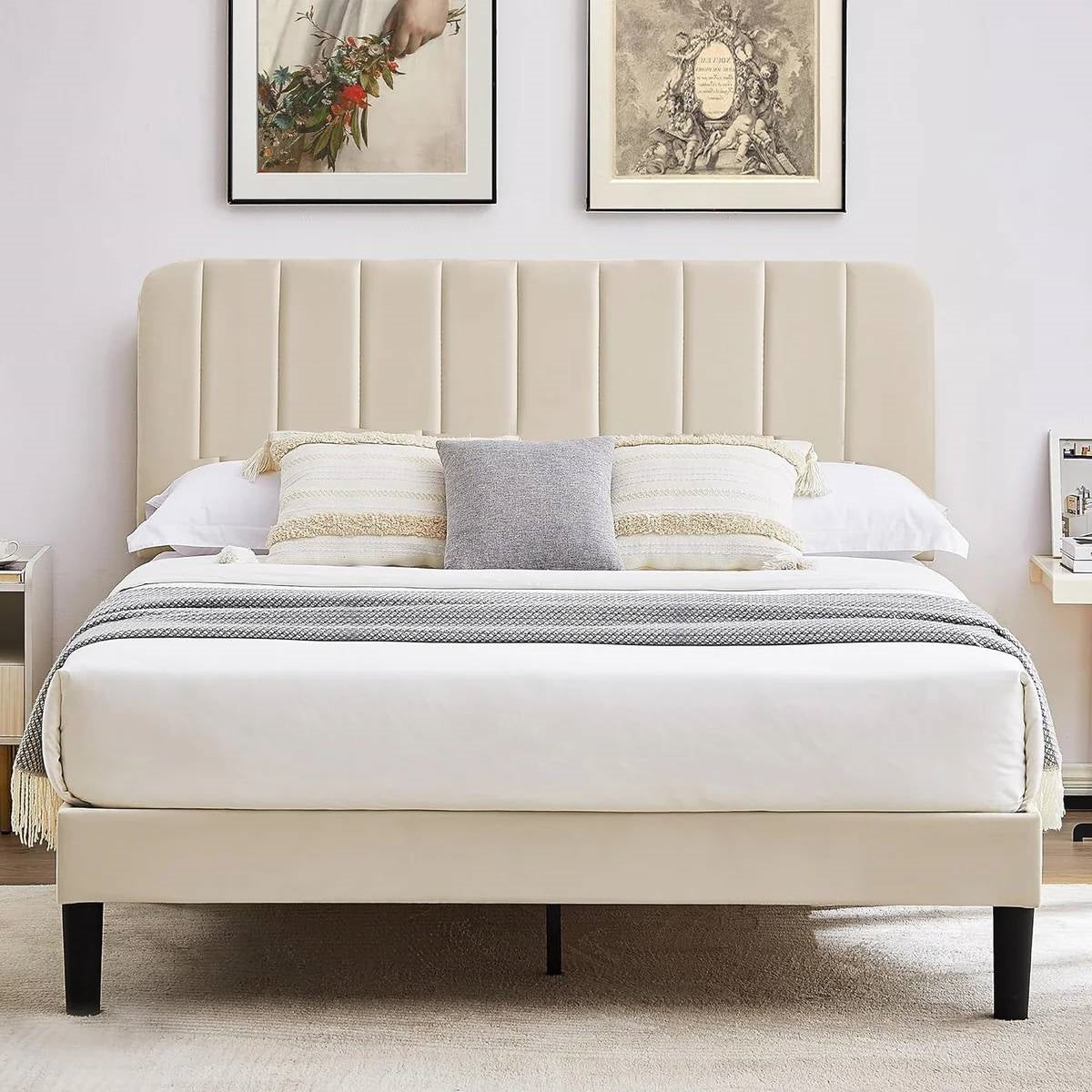Full size Beige Upholstered Platform Bed Frame with Headboard by FastFurnishings