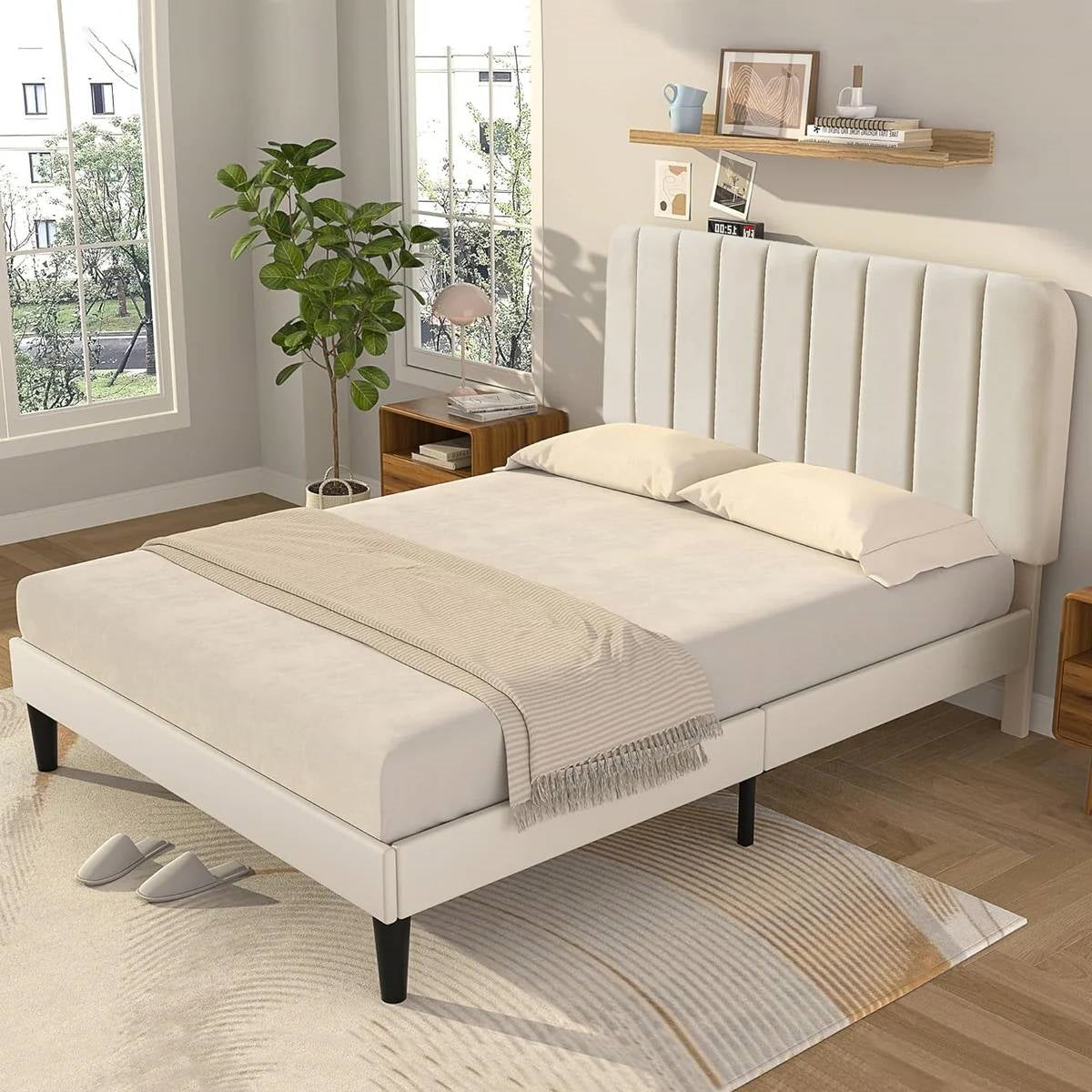 Full size Beige Upholstered Platform Bed Frame with Headboard by FastFurnishings