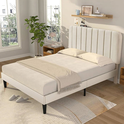 Full size Beige Upholstered Platform Bed Frame with Headboard by FastFurnishings