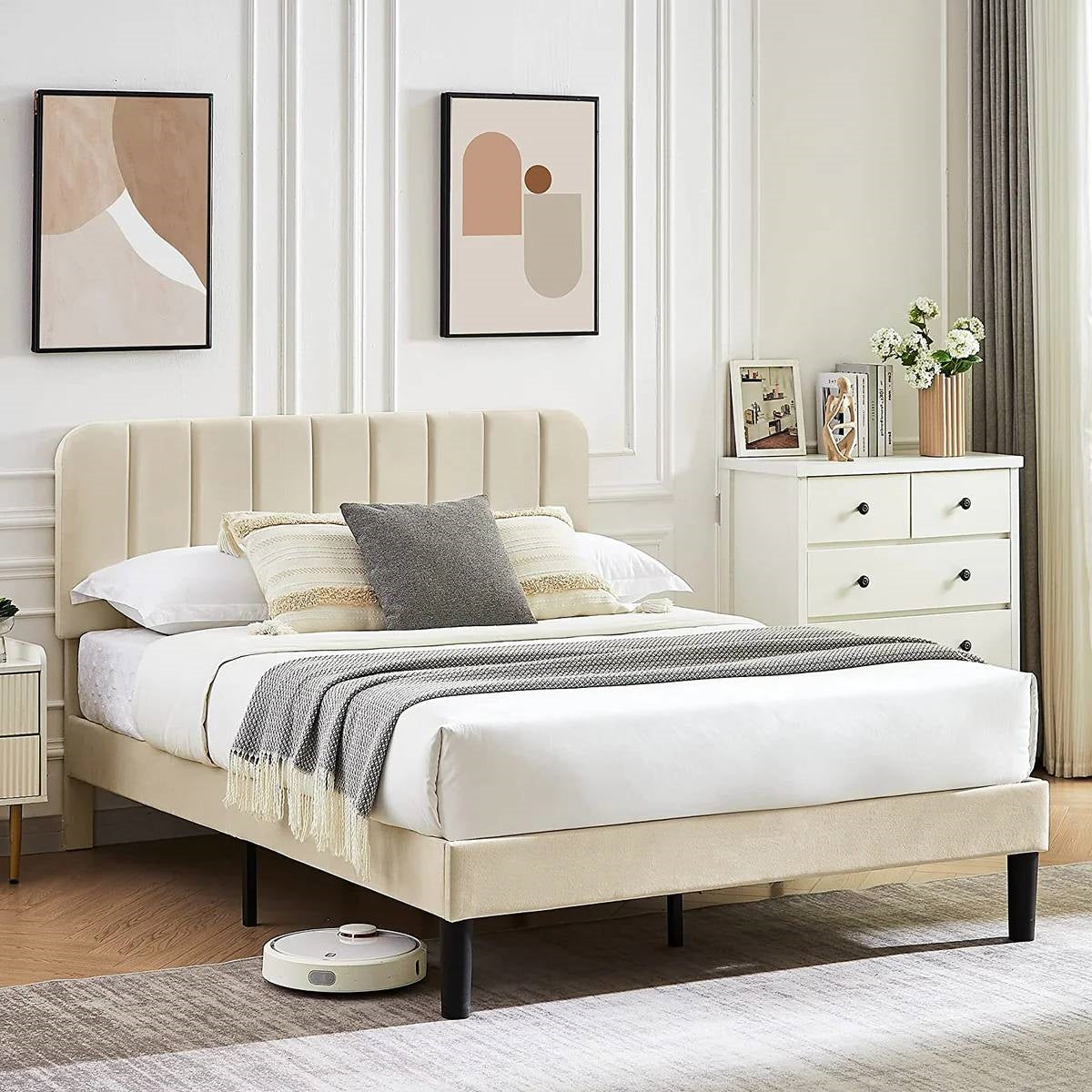 Full size Beige Upholstered Platform Bed Frame with Headboard by FastFurnishings