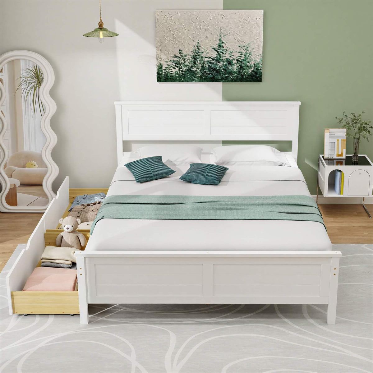 Full Size White Platform Bed Frame with 2 Storage Drawers by FastFurnishings