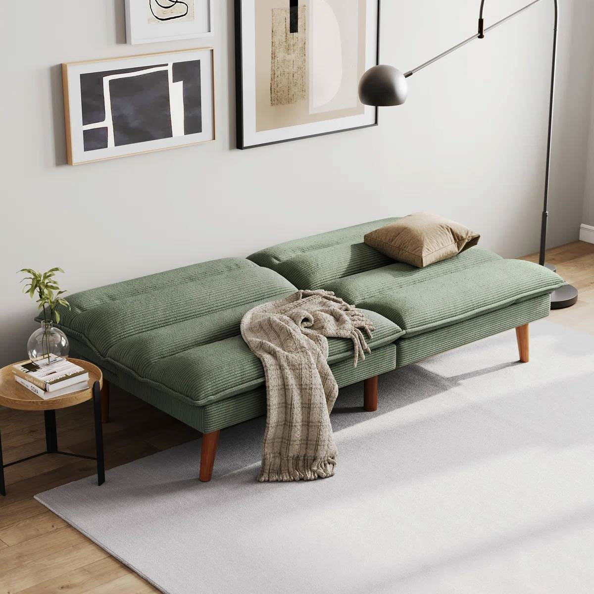 Modern Green Corduroy Fabric Futon Sleeper Sofa Bed Couch with Wood Legs by FastFurnishings