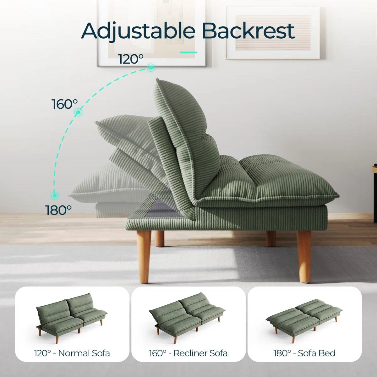 Modern Green Corduroy Fabric Futon Sleeper Sofa Bed Couch with Wood Legs by FastFurnishings