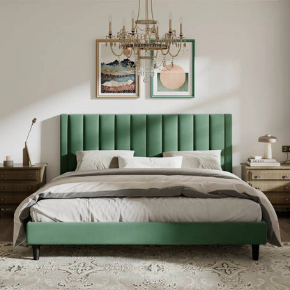 King size Modern Green Velvet Upholstered Platform Bed with Headboard by FastFurnishings
