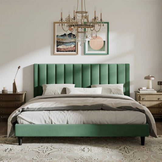 King size Modern Green Velvet Upholstered Platform Bed with Headboard by FastFurnishings
