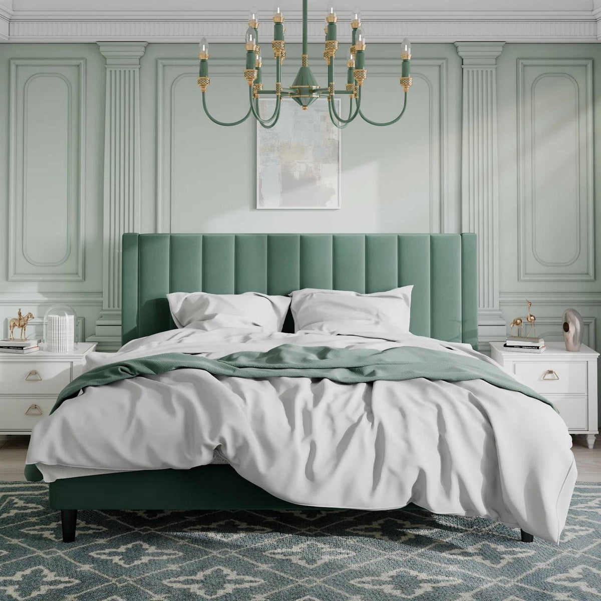 King size Modern Green Velvet Upholstered Platform Bed with Headboard by FastFurnishings