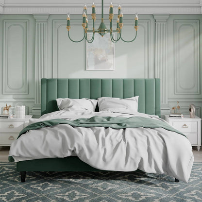 King size Modern Green Velvet Upholstered Platform Bed with Headboard by FastFurnishings