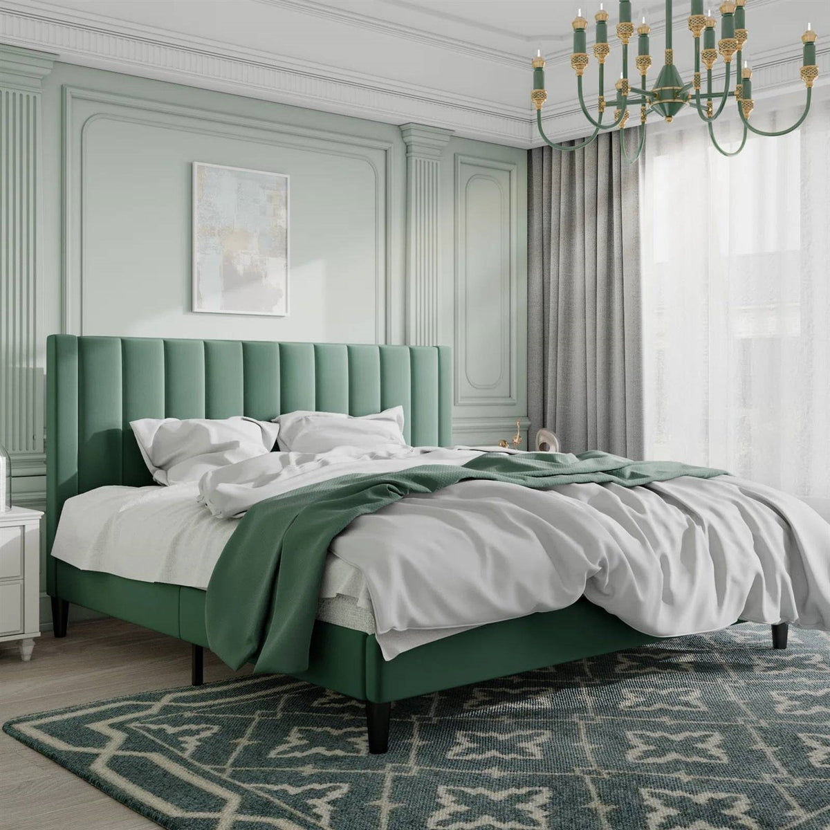 King size Modern Green Velvet Upholstered Platform Bed with Headboard by FastFurnishings
