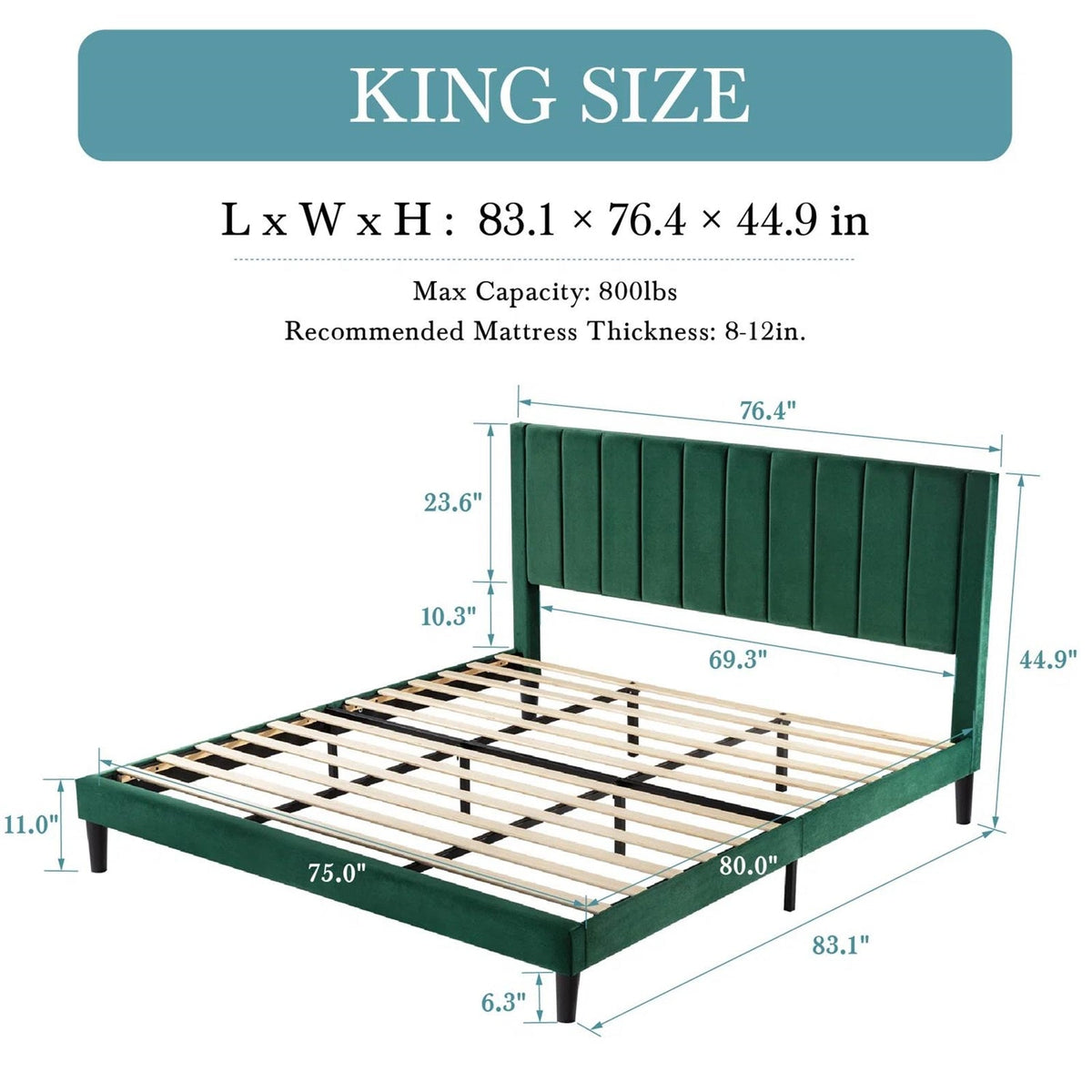 King size Modern Green Velvet Upholstered Platform Bed with Headboard by FastFurnishings