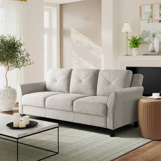 Modern 3-Seater Upholstered Sofa in Cream Microfiber with Button Tufted Cushions by FastFurnishings