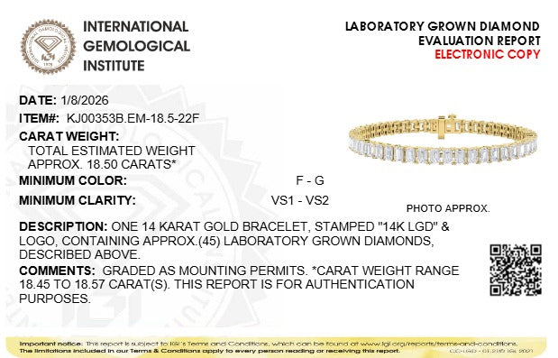 IGI Certified 14K Yellow Gold 18 1/2 Cttw Emerald Cut Lab Grown Diamond Tennis Bracelet by Infinite Jewels