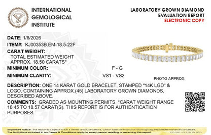 IGI Certified 14K Yellow Gold 18 1/2 Cttw Emerald Cut Lab Grown Diamond Tennis Bracelet by Infinite Jewels