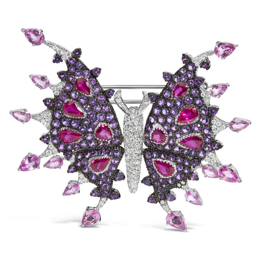18K White Gold 1.00 Cttw Diamond, Ruby Sapphire, and Amethyst Mixed Gemstone Butterfly Brooch Pin (G-H Color, VS1-VS2 Clarity) by Infinite Jewels