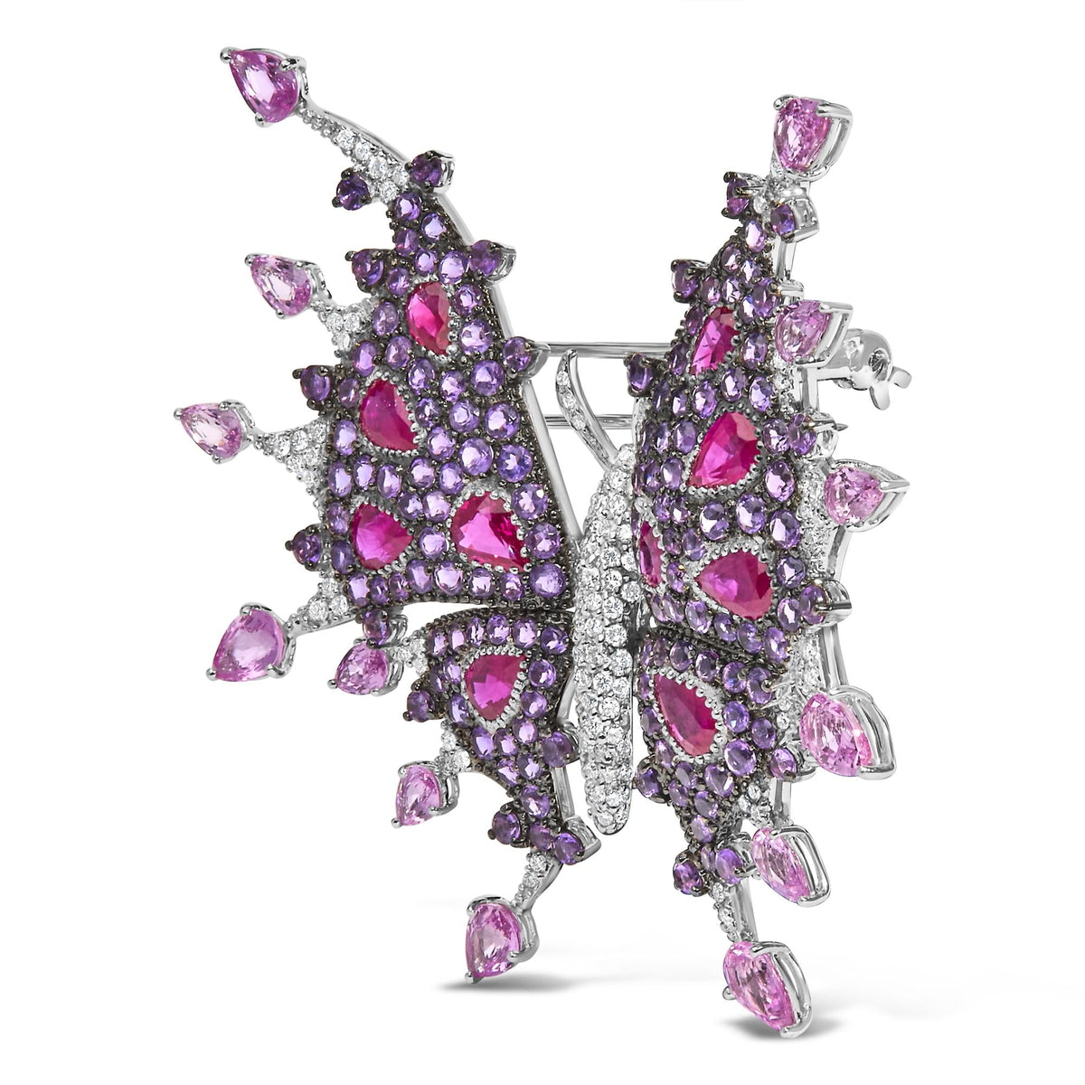 18K White Gold 1.00 Cttw Diamond, Ruby Sapphire, and Amethyst Mixed Gemstone Butterfly Brooch Pin (G-H Color, VS1-VS2 Clarity) by Infinite Jewels