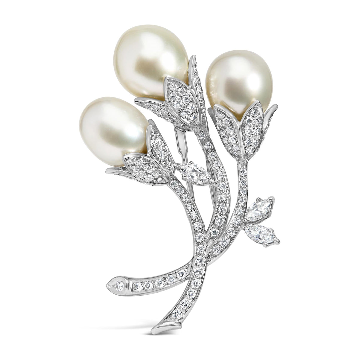 18K White Gold 2 1/5 Cttw Diamond and South Sea Pearl Floral Brooch Pin (G-H Color, VS1-VS2 Clarity) by Infinite Jewels