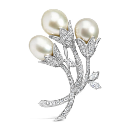 18K White Gold 2 1/5 Cttw Diamond and South Sea Pearl Floral Brooch Pin (G-H Color, VS1-VS2 Clarity) by Infinite Jewels
