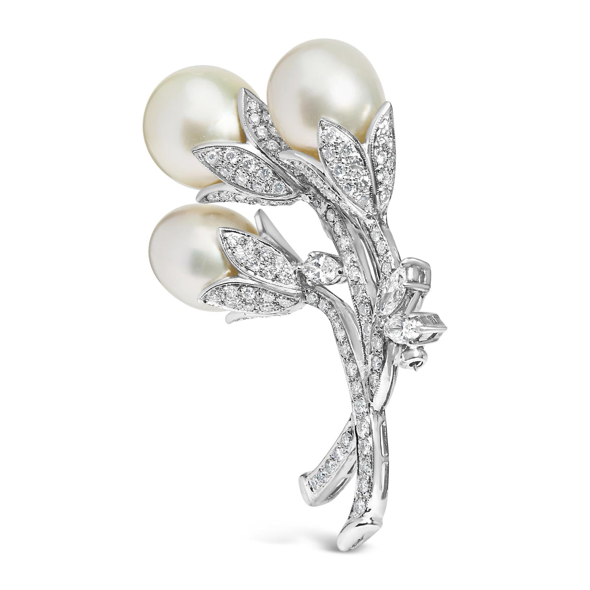 18K White Gold 2 1/5 Cttw Diamond and South Sea Pearl Floral Brooch Pin (G-H Color, VS1-VS2 Clarity) by Infinite Jewels