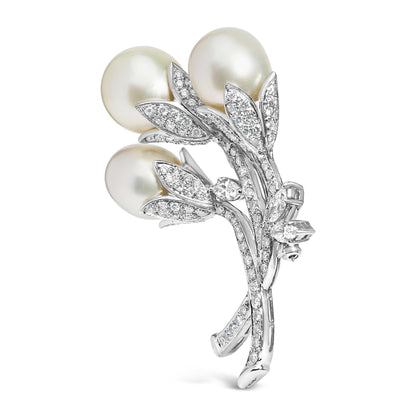 18K White Gold 2 1/5 Cttw Diamond and South Sea Pearl Floral Brooch Pin (G-H Color, VS1-VS2 Clarity) by Infinite Jewels