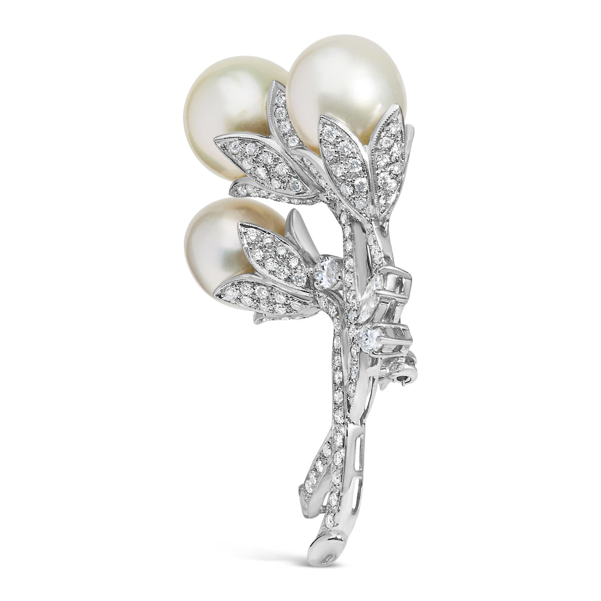 18K White Gold 2 1/5 Cttw Diamond and South Sea Pearl Floral Brooch Pin (G-H Color, VS1-VS2 Clarity) by Infinite Jewels