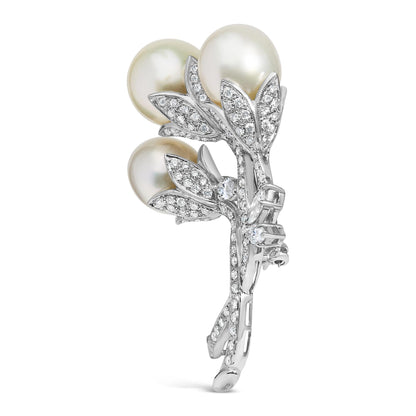 18K White Gold 2 1/5 Cttw Diamond and South Sea Pearl Floral Brooch Pin (G-H Color, VS1-VS2 Clarity) by Infinite Jewels