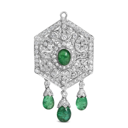 18K 2 3/4 Cttw Diamond and Emerald Dangle Art Deco Shield Brooch Pin Pendant (G-H Color, VS1-VS2 Clarity) CHAIN NOT INCLUDED by Infinite Jewels