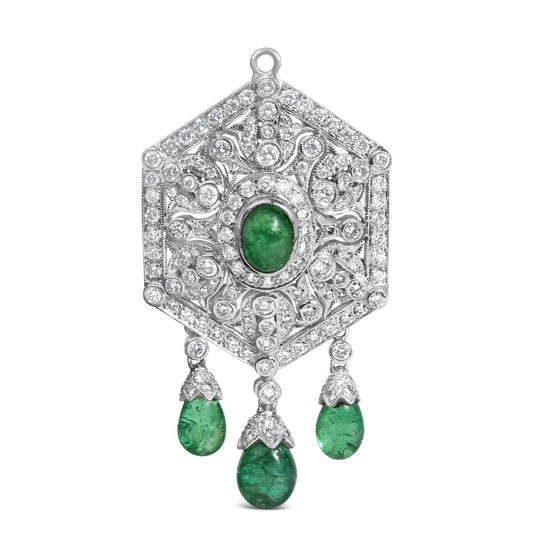 18K 2 3/4 Cttw Diamond and Emerald Dangle Art Deco Shield Brooch Pin Pendant (G-H Color, VS1-VS2 Clarity) CHAIN NOT INCLUDED by Infinite Jewels