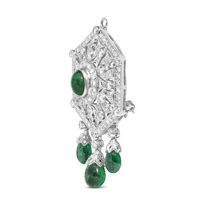 18K 2 3/4 Cttw Diamond and Emerald Dangle Art Deco Shield Brooch Pin Pendant (G-H Color, VS1-VS2 Clarity) CHAIN NOT INCLUDED by Infinite Jewels