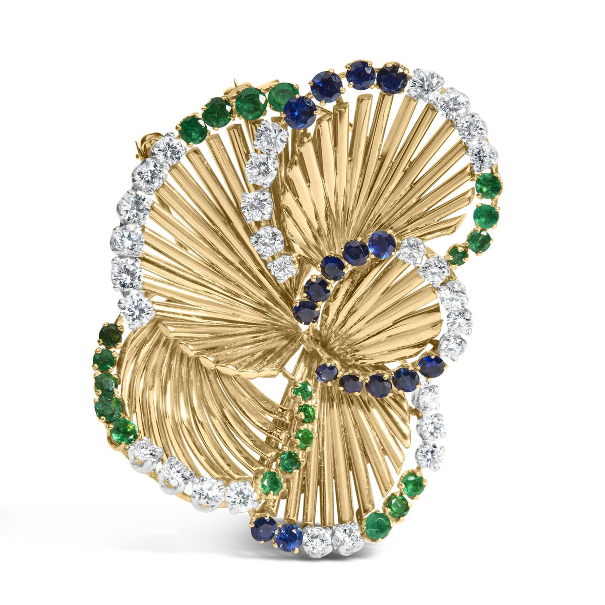 18K Yellow Gold 2 1/3 Cttw Diamond, Sapphire, and Emerald Sculpted Petal Brooch Pin (G-H Color, VS1-VS2 Clarity) by Infinite Jewels