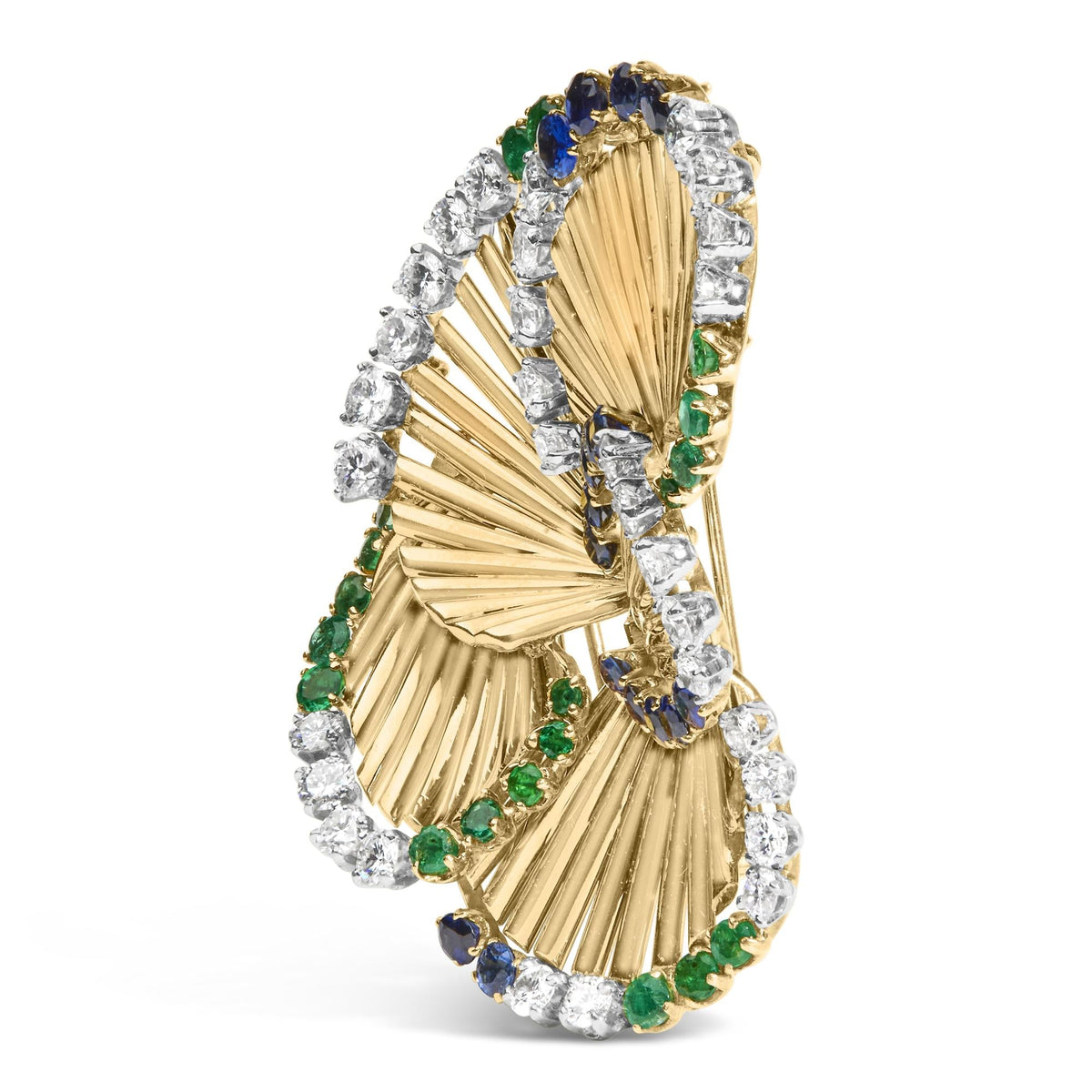 18K Yellow Gold 2 1/3 Cttw Diamond, Sapphire, and Emerald Sculpted Petal Brooch Pin (G-H Color, VS1-VS2 Clarity) by Infinite Jewels