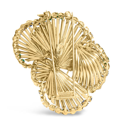 18K Yellow Gold 2 1/3 Cttw Diamond, Sapphire, and Emerald Sculpted Petal Brooch Pin (G-H Color, VS1-VS2 Clarity) by Infinite Jewels