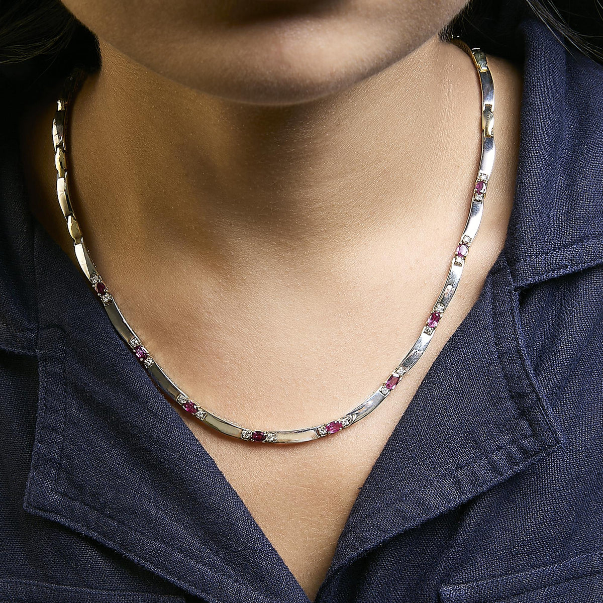 14K Yellow Gold Red Ruby and 3/8 Cttw Diamond Alternating Link Necklace by Infinite Jewels
