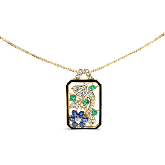18K Yellow Gold 2 1/3 Cttw Diamond, Sapphire, and Emerald Dog Tag with Dolphin Silhouette Convertible 18" Pendant Necklace and Brooch (G-H Color, SI1-SI2 Clarity) by Infinite Jewels