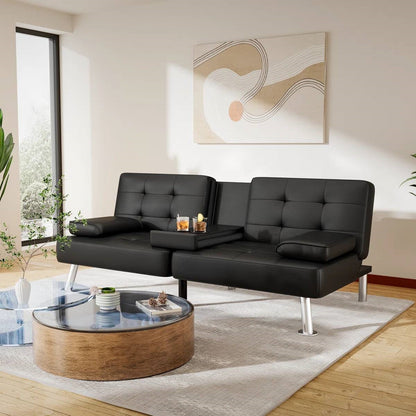 Modern Black Faux Leather Futon Sofa Bed with Armrest and Metal Legs by FastFurnishings