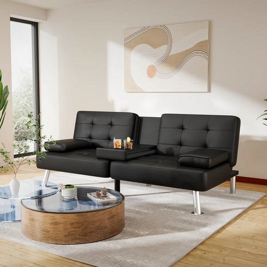 Modern Black Faux Leather Futon Sofa Bed with Armrest and Metal Legs by FastFurnishings
