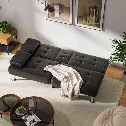 Modern Black Faux Leather Futon Sofa Bed with Armrest and Metal Legs by FastFurnishings