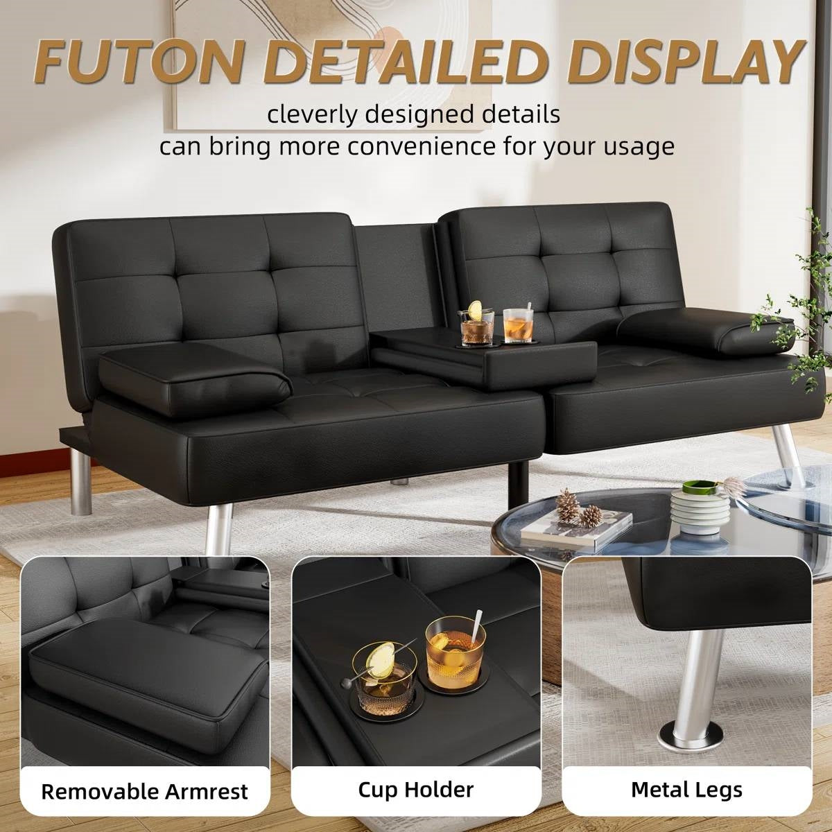 Modern Black Faux Leather Futon Sofa Bed with Armrest and Metal Legs by FastFurnishings