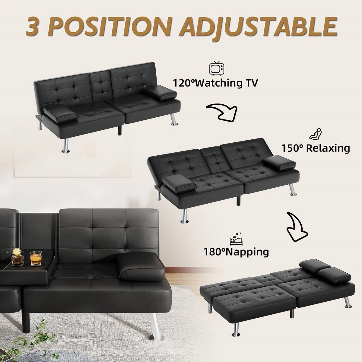 Modern Black Faux Leather Futon Sofa Bed with Armrest and Metal Legs by FastFurnishings