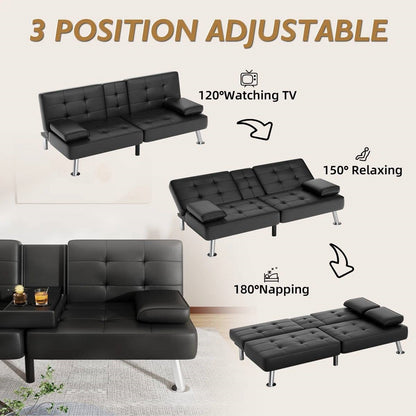 Modern Black Faux Leather Futon Sofa Bed with Armrest and Metal Legs by FastFurnishings