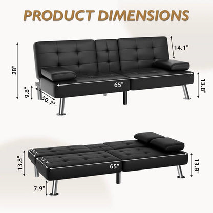 Modern Black Faux Leather Futon Sofa Bed with Armrest and Metal Legs by FastFurnishings