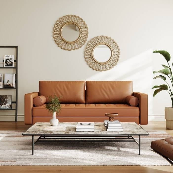 Terracotta Upholstered Faux Leather Sofa w/ Pillows Solid Hardwood Legs by SataTrade-U.S LLC