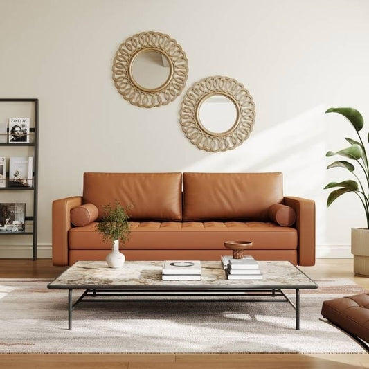 Terracotta Upholstered Faux Leather Sofa w/ Pillows Solid Hardwood Legs by SataTrade-U.S LLC
