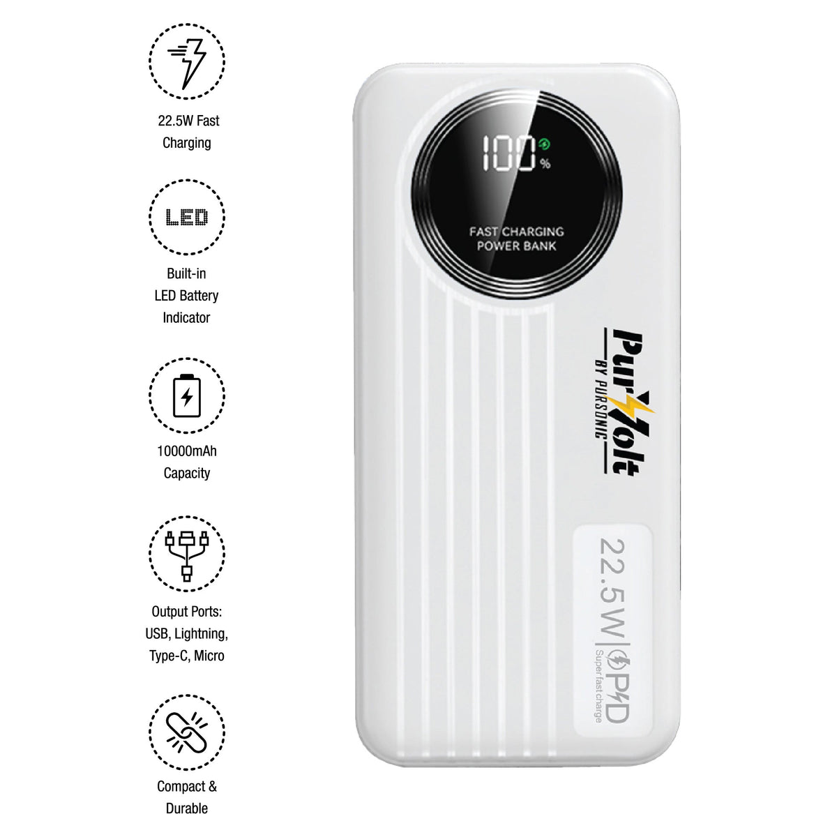 Pursonic 10,000mAh LED Fast Charging Power Bank – Built-in Cables, 22.5W Output, Type-C/USB/Lightning Compatibility by Pursonic