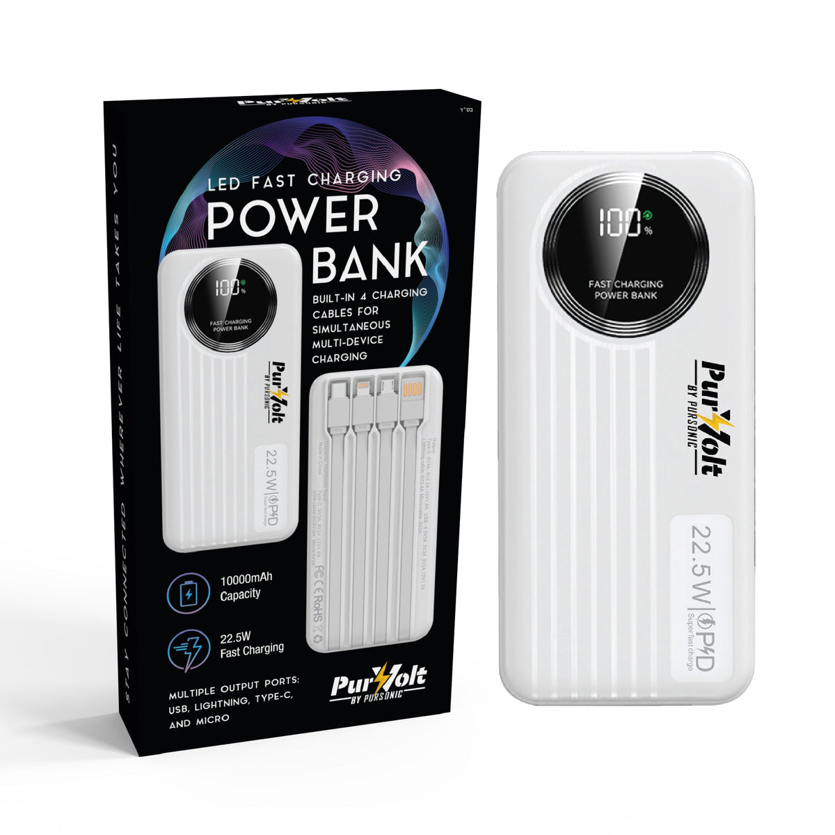 Pursonic 10,000mAh LED Fast Charging Power Bank – Built-in Cables, 22.5W Output, Type-C/USB/Lightning Compatibility by Pursonic