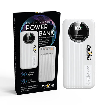 Pursonic 10,000mAh LED Fast Charging Power Bank – Built-in Cables, 22.5W Output, Type-C/USB/Lightning Compatibility by Pursonic