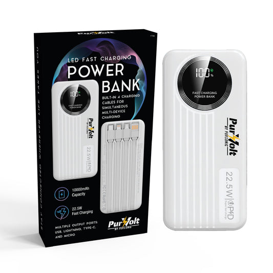 Pursonic 10,000mAh LED Fast Charging Power Bank – Built-in Cables, 22.5W Output, Type-C/USB/Lightning Compatibility by Pursonic