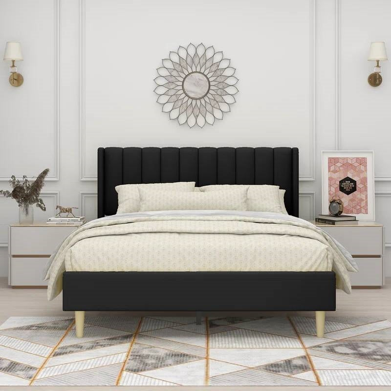 Queen size Mid-Century Black Linen Platform Bed Frame with Upholstered Headboard by FastFurnishings