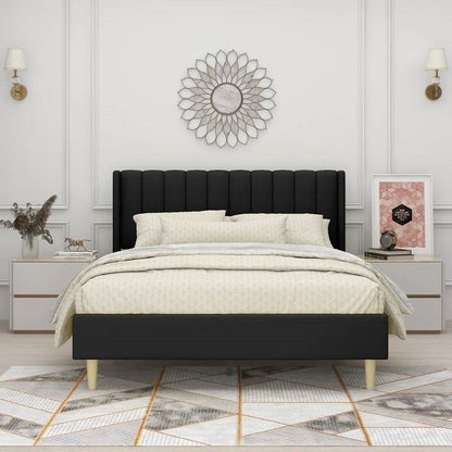 Queen size Mid-Century Black Linen Platform Bed Frame with Upholstered Headboard by FastFurnishings